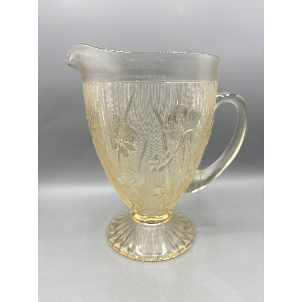 Vtg Jeannette Glass Iris and Herringbone Pitcher 9 Inch Slight‎ Yellow Color
